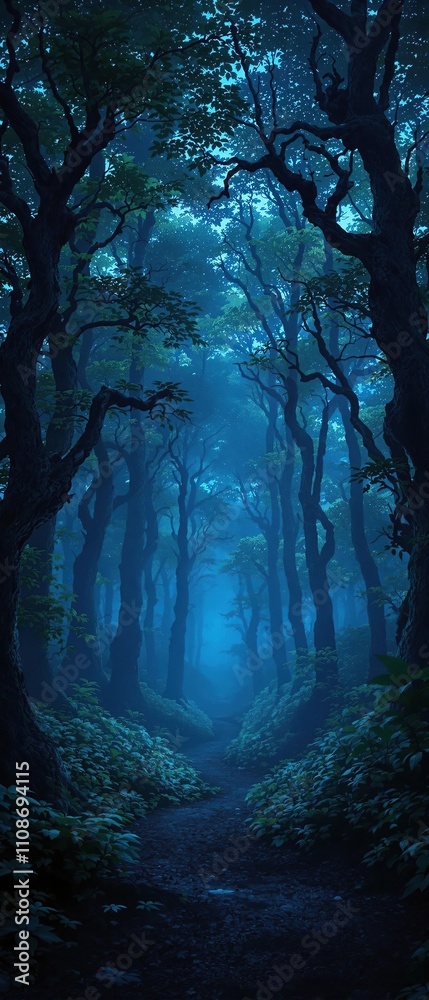 Obraz premium Blue dark forest with dense foliage and tall trees, outdoors, arboreal, woods, foliage, tree