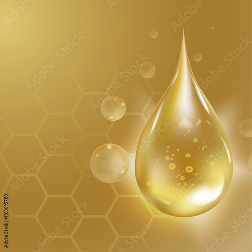 Oily droplet vector background. Golden Oil Drops on Yellow Background.