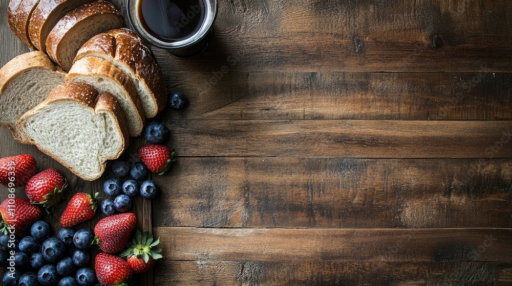 White bread and sourdough rye bread arranged alongside strawberries, blueberries, and ice coffee create a rustic scene on a wooden background with ample copy space. White bread and sourdough rye bread arranged alongside strawberries, blueberries, and ice coffee create a rustic scene on a wooden background with ample copy space.