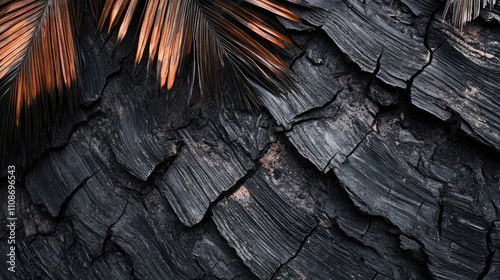 Close-up of textured palm bark highlighting the unique features of palm leaves, with an overexposed effect emphasizing the high tonal contrasts and intricate details. Offers ample copy space.