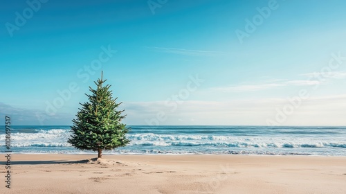 Christmas tree placed on a beach with soft sand and ocean waves under a clear blue sky, creating a serene holiday atmosphere. Includes free space for your text. photo