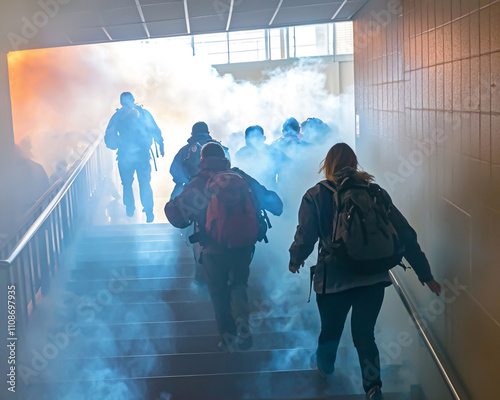 People emergency escape fire through smoke-filled stairs from subway.