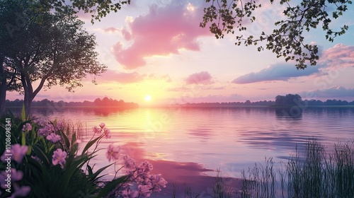 Peaceful sunset over a serene lake creates a tranquil atmosphere. This beautiful sunset scene at the lake offers a calming vibe and ample space for styling or text. photo