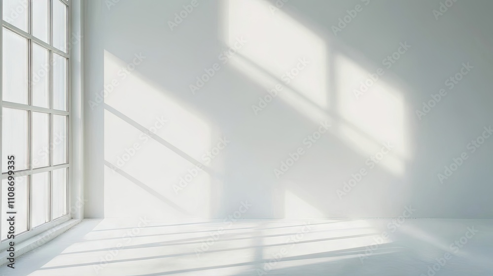 Obraz premium Unfinished drywall in a room post cosmetic repairs highlights clean white walls that reflect natural light. The space offers ample opportunities for design and decoration with copy space.