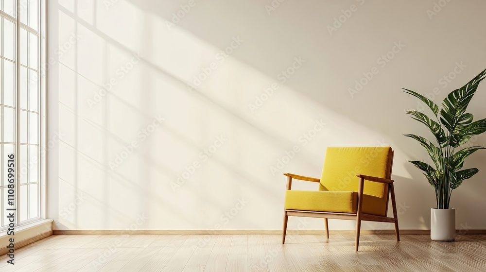 Fototapeta premium Minimalist Scandinavian living room interior with an armchair, emphasizing a clean design and simplicity, offering ample copy space for text and graphics.