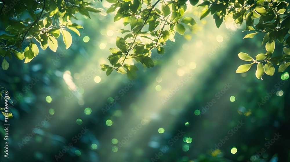 Obraz premium Beams of beautiful sunlight create a stunning background adorned with green bokeh lights, perfect for nature-themed imagery. Ample copy space enhances the natural ambiance.