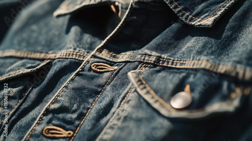 Close-up of denim jacket texture, buttons, and stitching details.