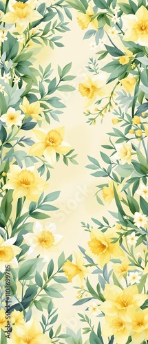 Charming daffodils and foliage in watercolor style repeat pattern, artistic, flower, yellow