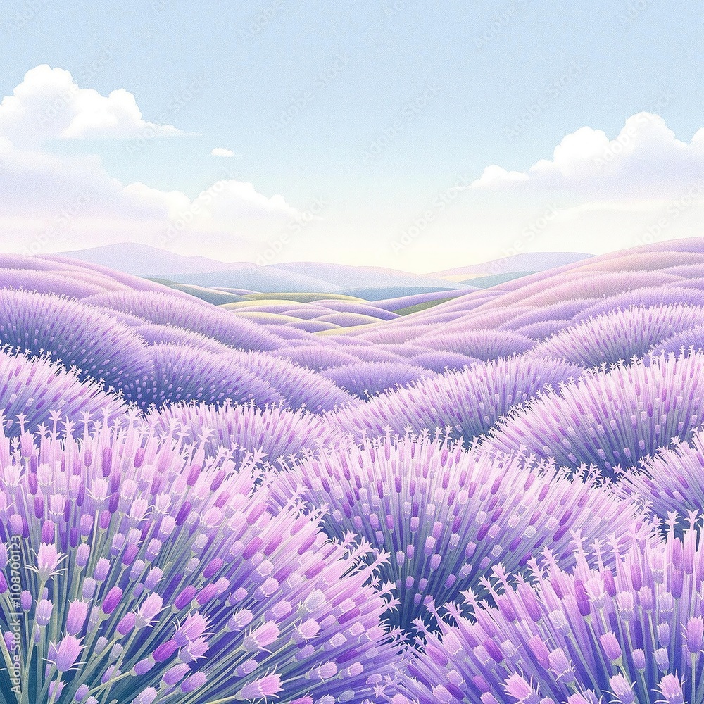 Obraz premium Charming watercolor pattern featuring lavender fields and purple thistle flowers, organic, country style, grace, rustic, peaceful