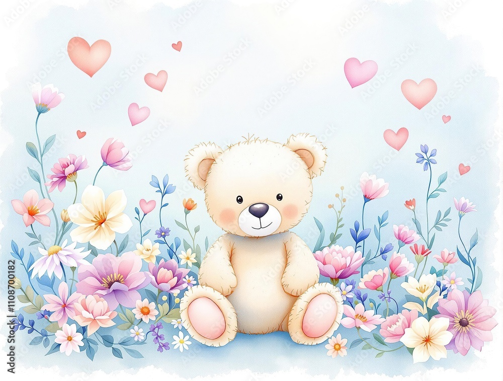 Obraz premium Cheerful watercolor pattern featuring teddy bear, flowers, and hearts in a blue color scheme, watercolor painting, heart shapes