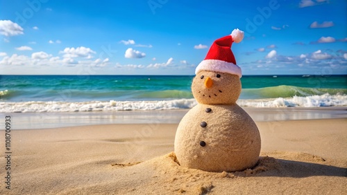 Snowman on Beach with Santa Hat Under Blue Sky