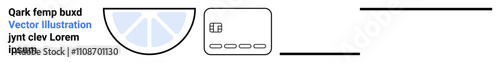 Semi-circle window with blue panes, EMV chip credit card symbol with microchip and keypad, horizontal lines separating text blocks. Ideal for finance, technology, construction, architecture, web