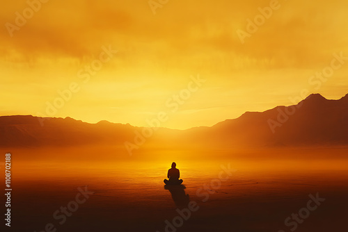 A silhouette of a person praying in a vast desert under a stunning sunset, evoking faith and solitude. Perfect for spiritual or motivational projects