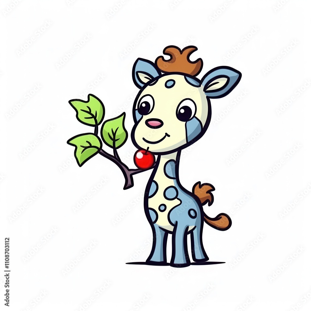 Fototapeta premium Adorable cartoon giraffe holding a branch with leaves and a red apple in its mouth, exuding a playful and cheerful vibe.