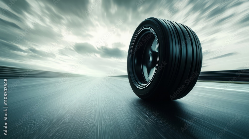 A sleek tire spinning at high speed on a smooth road surface, with motion blur emphasizing the fast movement A sleek tire spinning at high speed on a smooth road surface, with motion blur emphasizing the fast movement