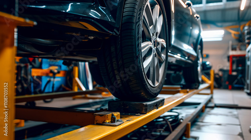 Car on stand with sensors: For alignment camber check in a workshop at a service station. photo