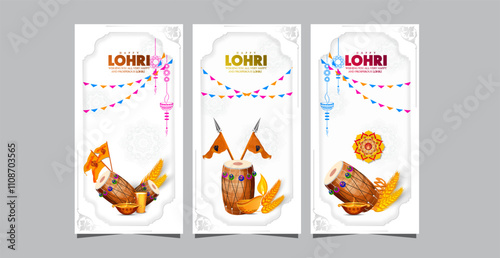 Happy Lohri holiday background for Punjabi festival. set of card, Vector illustration