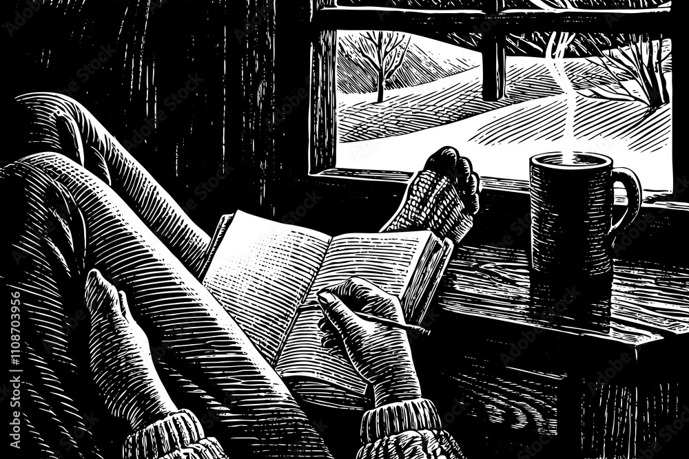 Fototapeta premium Cozy Reading Nook with Book and Coffee by Window