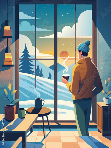 Cozy Winter Morning with Coffee Overlooking a Snowy Landscape