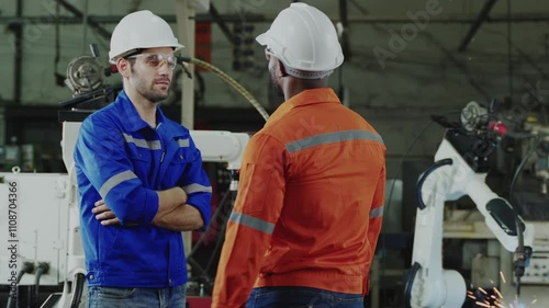 Multi-ethnic Software engineers explaining or discussion to controlling robotic welding process on digital tablet together at production line in a factory.
