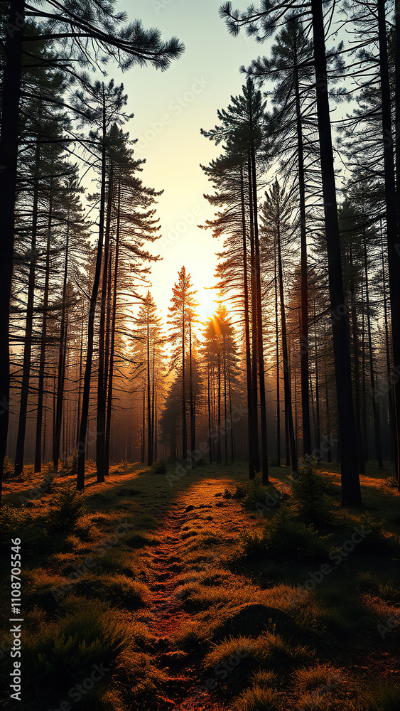 Obraz premium Forest landscape with golden light at dusk in Apatity, Murmansk Region, Russia, nature scenery, trees, forest landscape