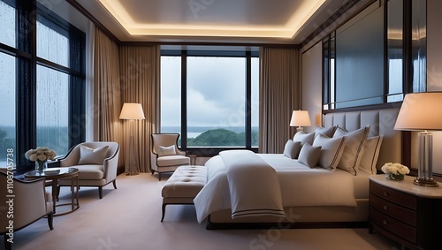 This ultra-high 8K image beautifully showcases a high-end bedroom, featuring a serene view of a gentle rainstorm outside large windows. Soft lamplight bathes the room, highlighting plush bedding.