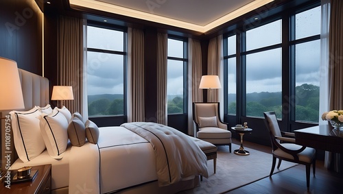 This ultra-high 8K image beautifully showcases a high-end bedroom, featuring a serene view of a gentle rainstorm outside large windows. Soft lamplight bathes the room, highlighting plush bedding.