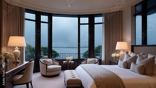 This ultra-high 8K image beautifully showcases a high-end bedroom, featuring a serene view of a gentle rainstorm outside large windows. Soft lamplight bathes the room, highlighting plush bedding.