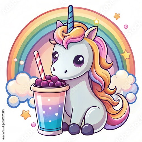 Cute Unicorn Illustration with Rainbow and Milkshake photo