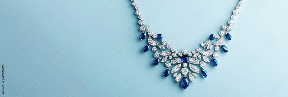 A stunning silver necklace adorned with sparkling blue gemstones, elegantly set against a soft blue background. A stunning silver necklace adorned with sparkling blue gemstones, elegantly set against a soft blue background.