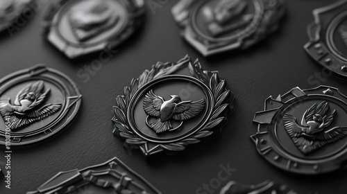 Close-up of several dark metallic badges featuring a dove design. photo