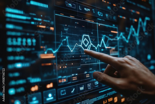 Hand touching screen displaying graphs. photo