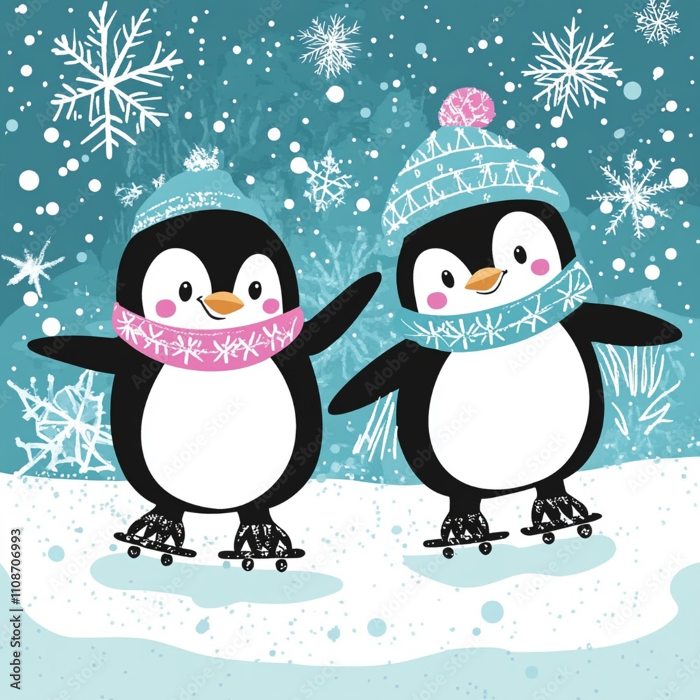 Fototapeta premium Adorable Ice-Skating Penguins Winter Card