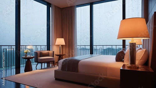 The room's elegant, minimalist design enhances the sense of calm, while the natural beauty of the rainstorm adds a soothing backdrop. Ideal for showcasing high-end interior design