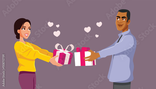 Couple Exchanging Gifts on Valentines Day Vector Cartoon. Boyfriend and girlfriend being generous with each other 