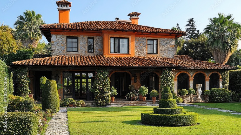 Obraz premium Mediterranean style villa with terracotta roof tiles, arched windows, and perfectly maintained topiary garden in morning light