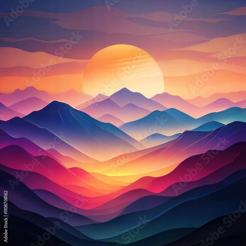 Serene Landscape with Colorful Sunset and Mountain Waves photo