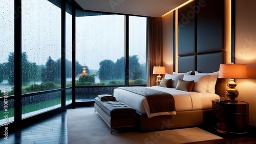 This stunning image captures a stylish and luxurious bedroom, featuring expansive windows offering a tranquil view of raindrops gently falling outside. 