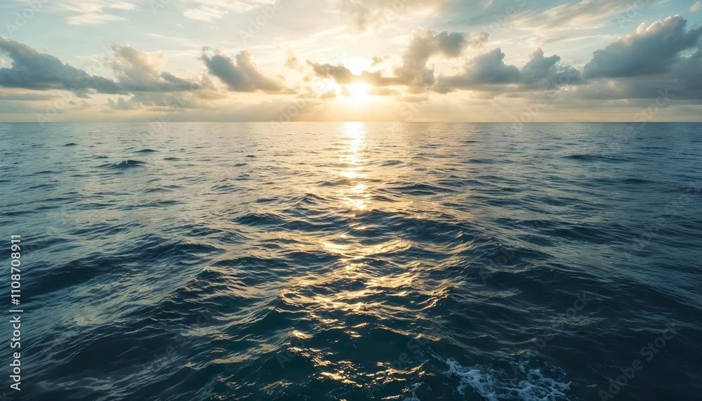Obraz premium Endless Ocean Horizon: A Tranquil Seascape Under Bright Sunlight and Fluffy Clouds