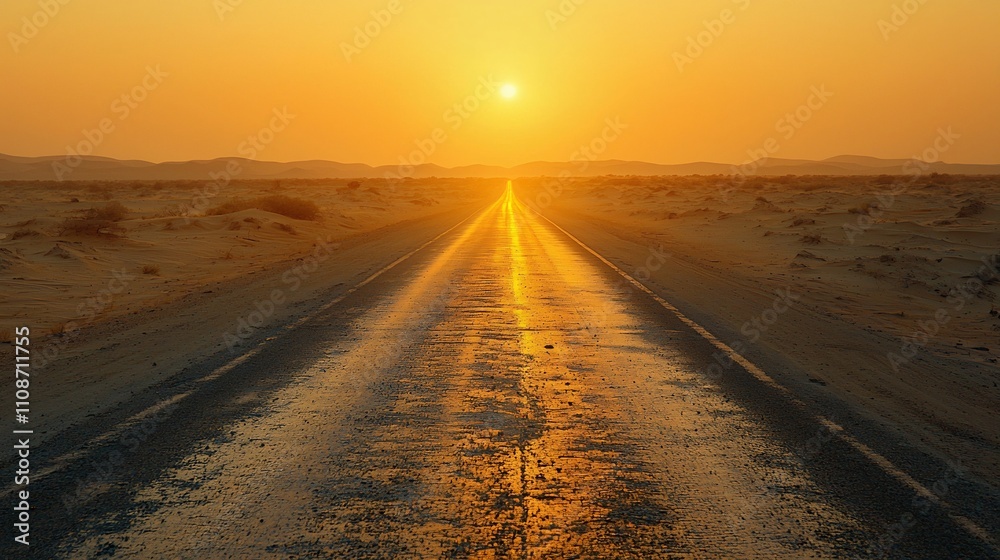 Fototapeta premium Endless Desert Highway Bathed in Golden Hour Solitude