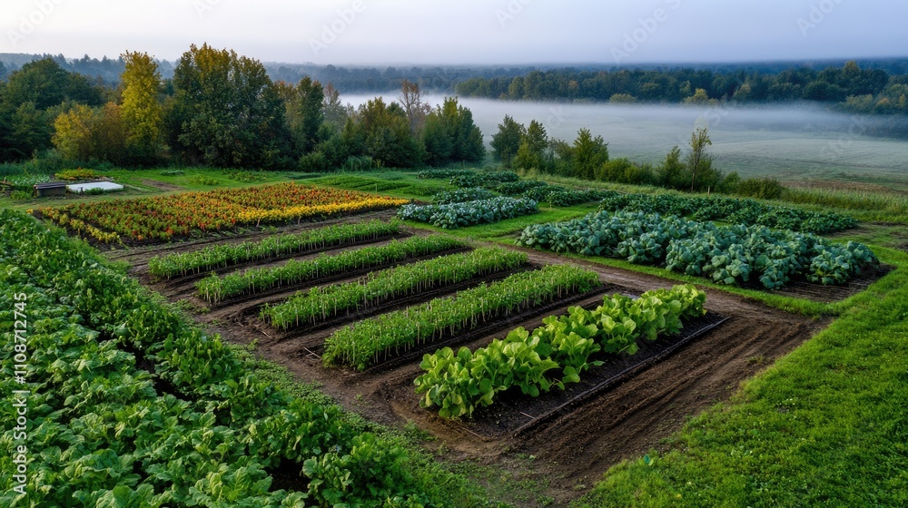 Obraz premium Aerial View of Lush Vegetable Garden with Rows of Crops and Misty Forest in the Background at Sunrise