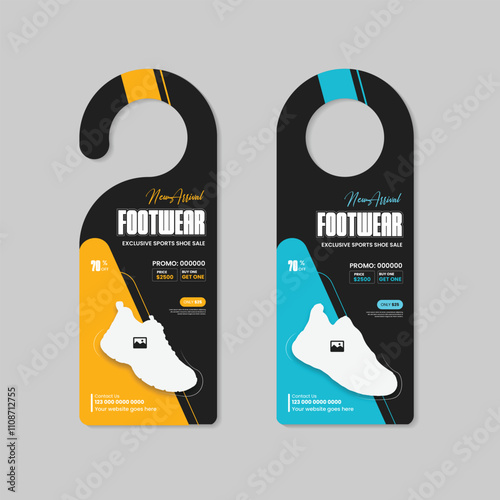 New arrival footwear sale door hanger design template with two color variations  