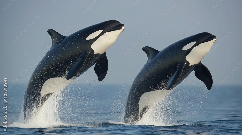 Obraz premium Orcas emerge from the tranquil waters, showcasing their strength and playful nature as they leap gracefully into the air. The scene captures the beauty of marine life at dawn.
