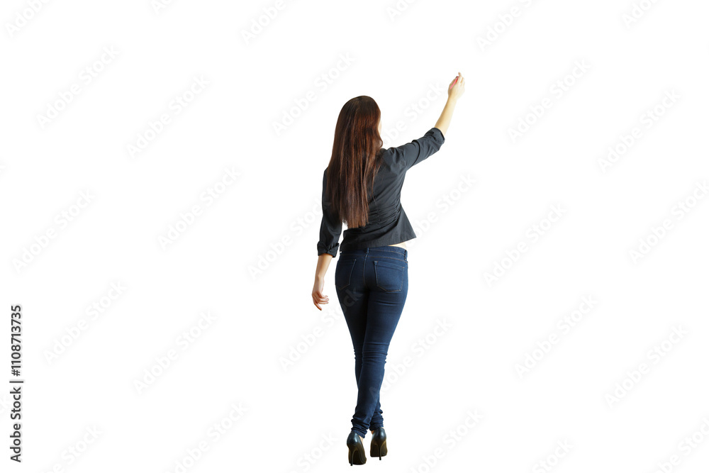 Woman standing with her back turned, wearing casual clothing, gesturing upwards. Isolated on a white background. Concept of direction or teaching Woman standing with her back turned, wearing casual clothing, gesturing upwards. Isolated on a white background. Concept of direction or teaching