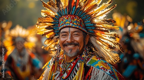 Mapuche New Year celebration featuring vibrant rituals traditional dances with elaborate costumes and decorations set in the heart of the Andean forest photo