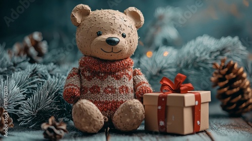 A cozy teddy bear in a festive sweater sits beside a gift box, surrounded by pine cones and evergreen branches, evoking a warm holiday atmosphere.