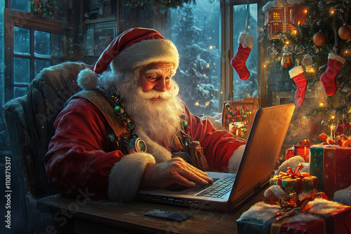 Santa Claus reading children's emails on laptop at desk, surrounded by gifts and Christmas decorations. photo