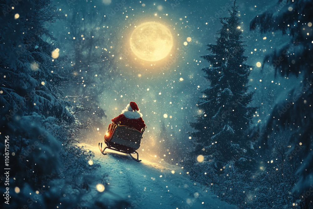 Fototapeta premium Santa Claus carrying presents, spreading cheer in a snowy village setting.