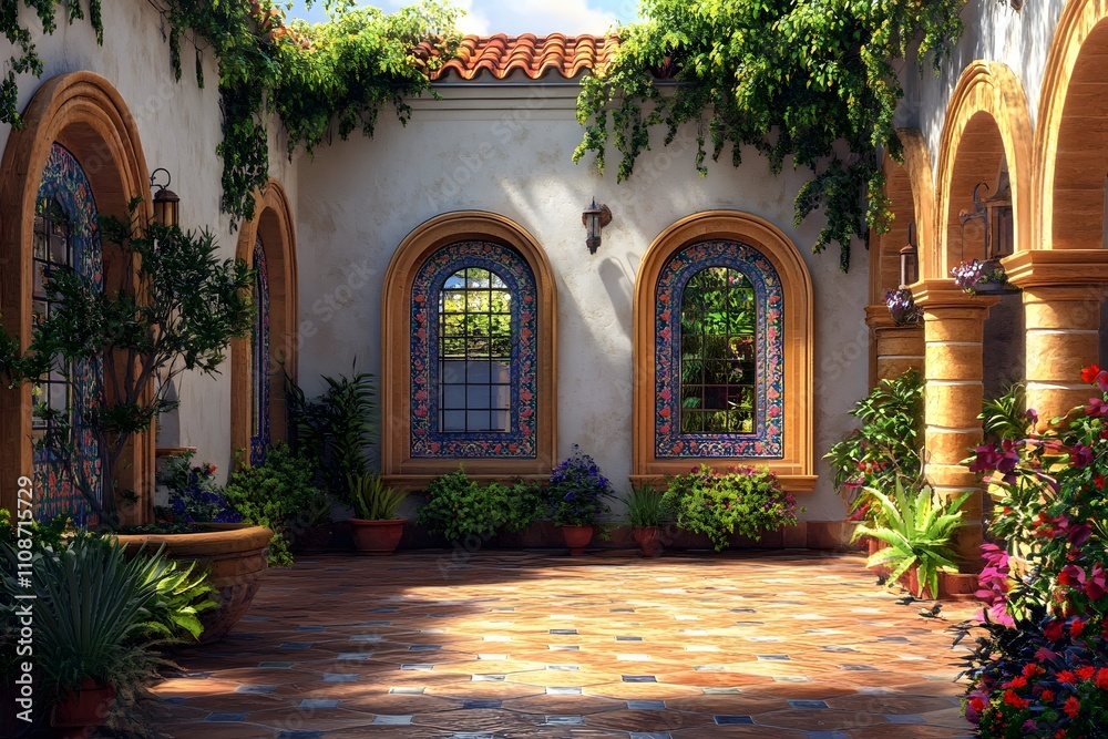 Fototapeta premium Mediterranean inspired courtyard with terracotta tiles, arched windows, and colorful mosaics. Interior design, 3D render, Home decoration