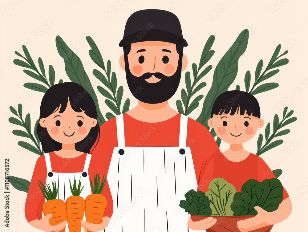 Father teaching kids to pick fresh vegetables from the garden, A joyful family of farmers proudly holding fresh vegetables, promoting healthy eating and sustainable agriculture. Father teaching kids to pick fresh vegetables from the garden, A joyful family of farmers proudly holding fresh vegetables, promoting healthy eating and sustainable agriculture.